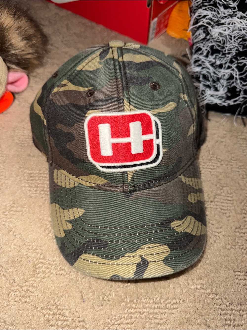 Camo Baseball Cap with Red H Patch